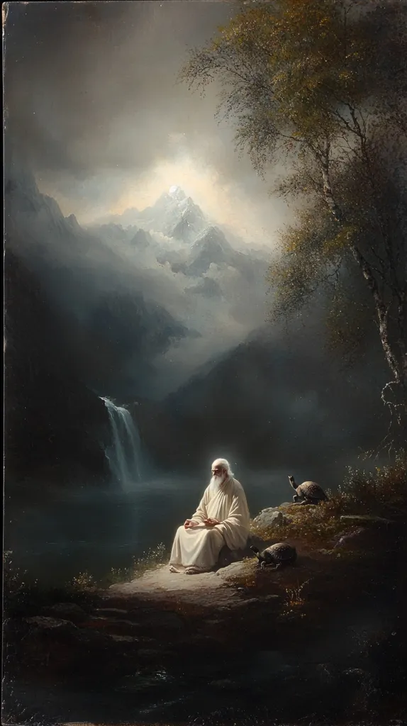 The painting depicts a lone, white-robed figure seated on a rocky outcropping overlooking a tranquil lake and a misty mountain range in the distance. The figure appears to be in deep contemplation, with their head bowed. A waterfall cascades down a nearby cliff, and two turtles are visible on the rocks below. The scene is bathed in soft, ethereal light, suggesting a sense of peace and serenity. The overall atmosphere is one of solitude and contemplation.