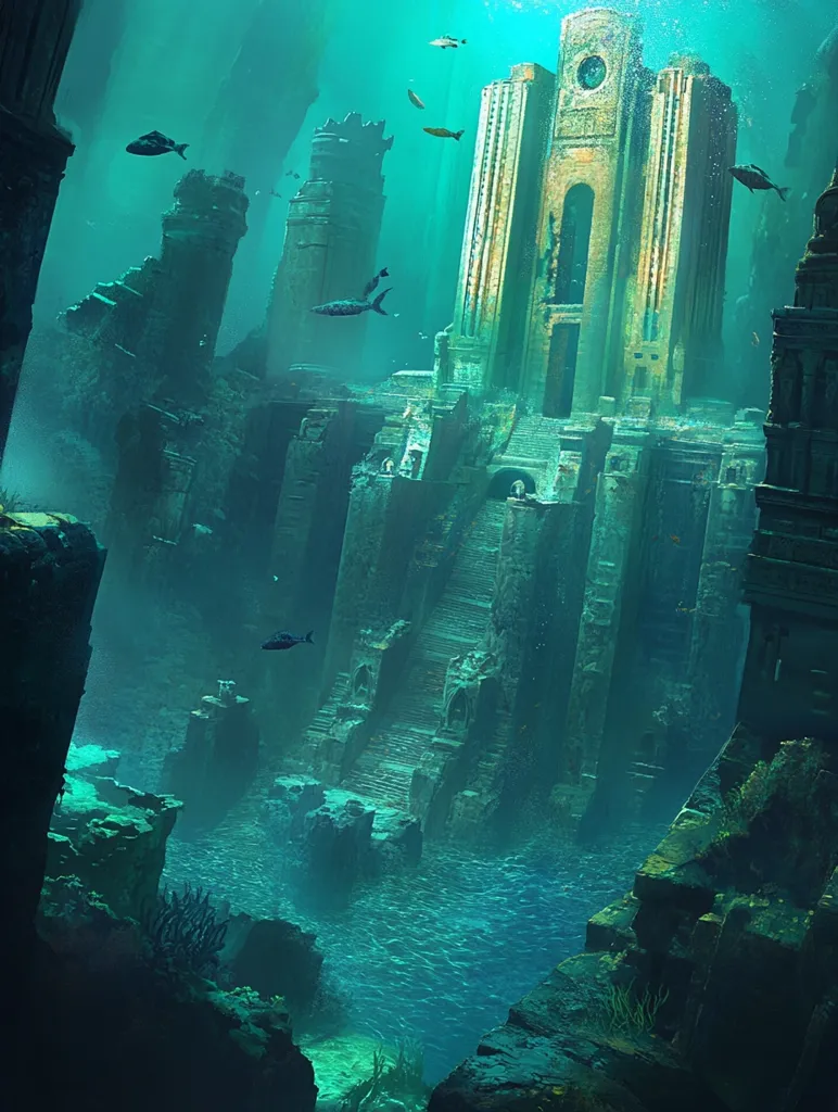 The image depicts a large, ancient, submerged city. The city is made of stone and has many towers and buildings. The water is a deep blue-green color, and there are fish swimming around. The city appears to be abandoned, and there is a sense of mystery and intrigue. The scene is lit by a faint, ethereal light that illuminates the city's architecture. The image creates a sense of awe and wonder at the power of nature and the passage of time.