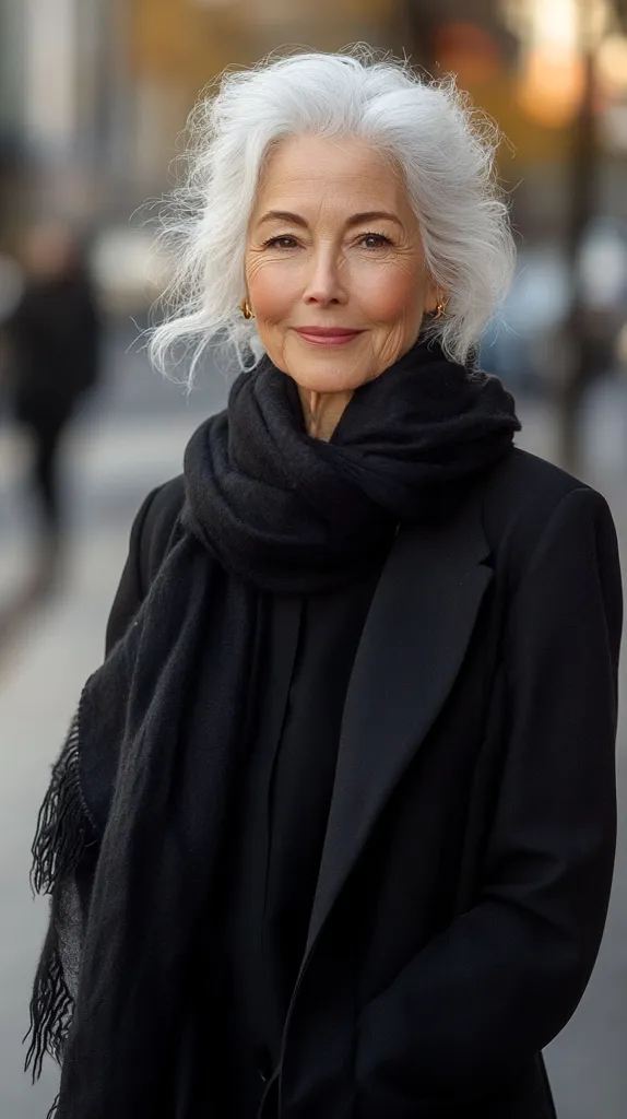 A mature woman with silver hair, styled in a loose, textured bob, smiles warmly. She wears a black blazer with a black scarf draped around her neck. Her attire is sophisticated and elegant, suggesting a confident and stylish individual. She appears to be in an urban setting, possibly on a city street, with a blurred background that hints at the bustling life around her.  Her expression is gentle and engaging, conveying a sense of grace and composure.