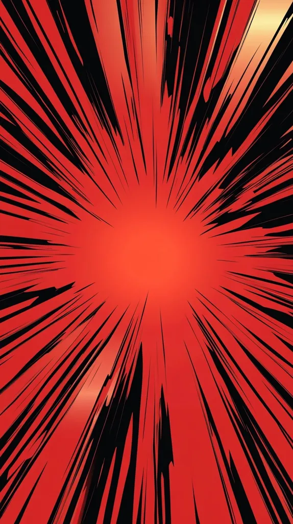 The image is a radial pattern of black lines radiating outwards from a central point. The lines are thick and jagged, and the background is a solid red color. The image has a dynamic and energetic feel, as if it is exploding outwards from the center. It gives a sense of speed and motion.