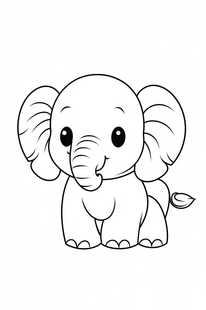 The image is a black and white line drawing of a cartoon baby elephant. It has big, round eyes, small, pointed ears, a short, curled trunk and a short, stubby tail. It's drawn in a simple, childlike style and is facing the viewer with a friendly expression.  The drawing could be used as a coloring page or as a simple illustration for a children's book.