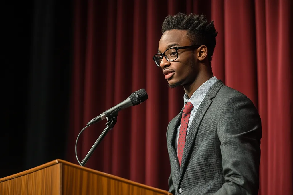 A young man in a gray suit and a red tie is speaking into a microphone at a podium. He is wearing glasses and has a focused expression on his face. The background is a dark stage with a red curtain. The image captures the formality and seriousness of a public speaking event.
