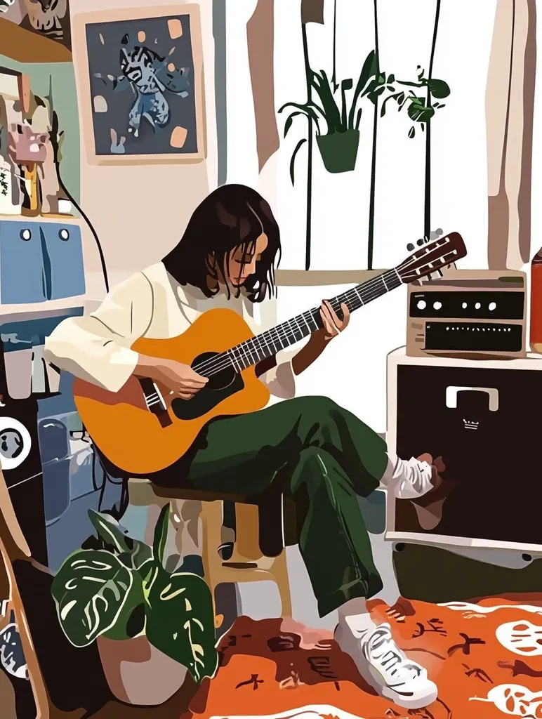A young woman with long dark hair sits on a stool, playing an acoustic guitar.  She is wearing a cream-colored shirt, green pants, and white sneakers. The guitar is brown and orange and has a large sound hole.  She is sitting in front of an amplifier and a large potted plant.  The room is decorated with plants and colorful rugs.  The scene is warm and inviting, suggesting a peaceful and creative space.