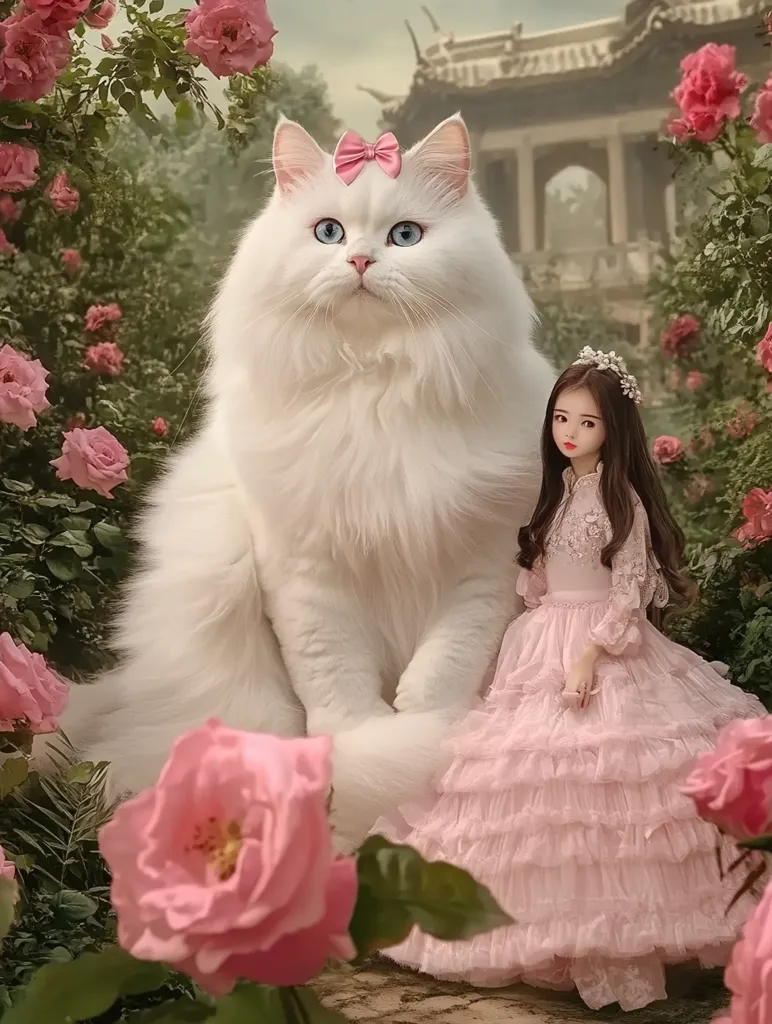 A young girl in a pink dress with frills stands next to a large, fluffy white cat. The cat is wearing a pink bow. Both are surrounded by a beautiful garden of pink roses. The scene is serene and peaceful, with a sense of fairytale magic.  The girl is looking at the cat with a soft smile, and the cat is looking at the camera with an air of curiosity. The background is a blur of green leaves and pink blossoms.