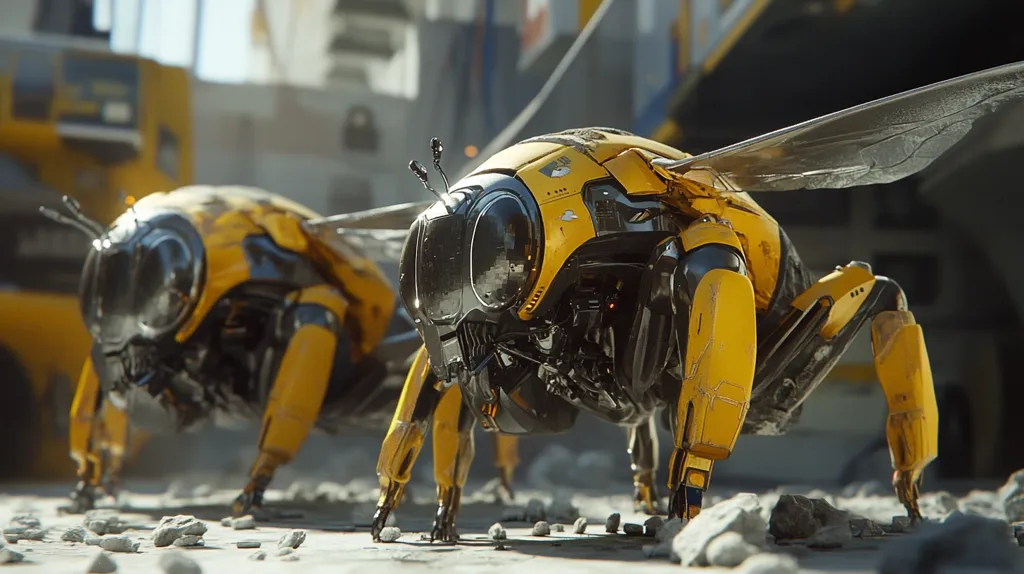Two large, yellow, metallic robots resembling bees stand on a concrete surface, their six legs gripping the ground. The robots have a sleek, futuristic design with intricate details. The dominant robot has a large, black, and silver head with large, round, black eyes and a single, long, silver antenna. Its wings are outstretched, ready for flight. The other robot is in the background, slightly out of focus, and its wings are folded. The robots are surrounded by a scattered, gray rock-like debris on the ground. A yellow and black structure can be seen in the background.