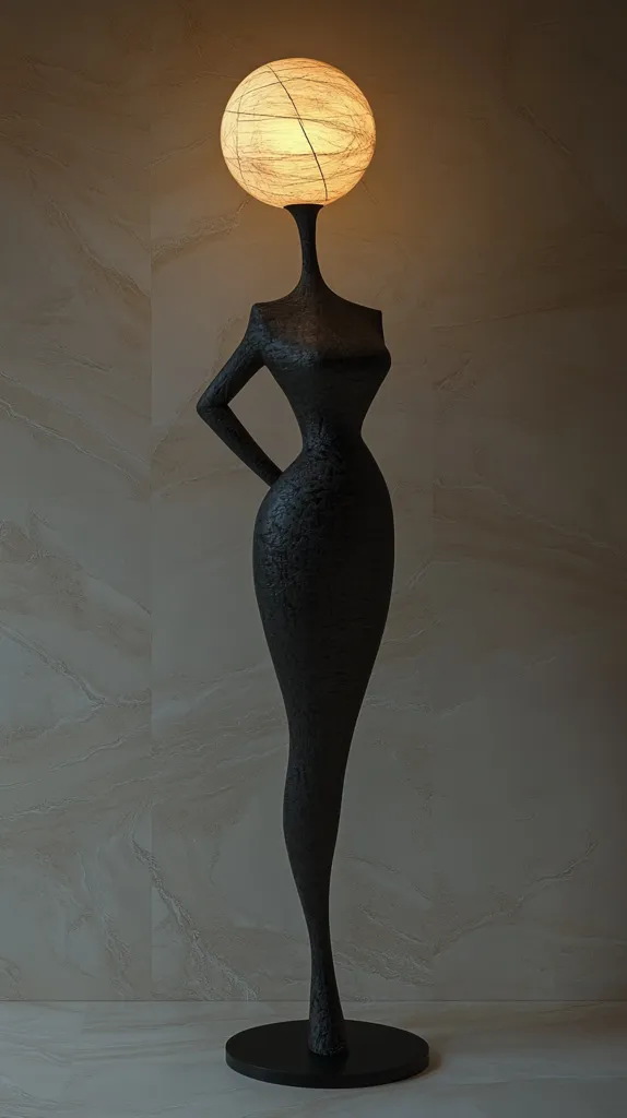 The image shows a black, stylized,  female figure standing on a circular base.  The figure's head is replaced by a spherical lampshade with a warm, glowing light. The figure is  slender and elegant, with a curved and flowing form. The background is a smooth, light-colored wall with subtle marbling.  The lighting casts long shadows, emphasizing the shape and form of the sculpture.