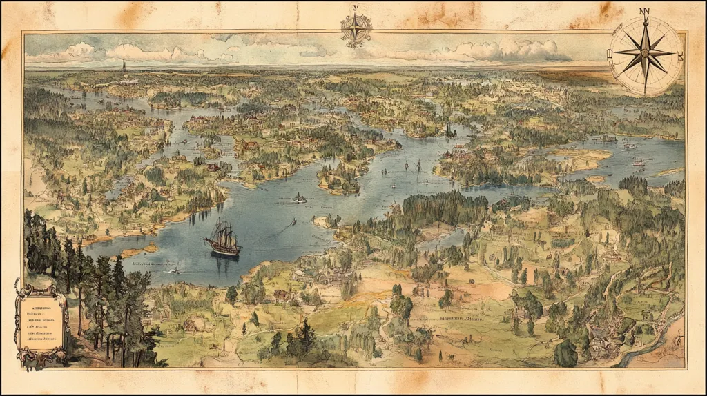 The image is an antique map depicting a coastal area with a network of inlets and waterways. It features a detailed landscape with trees, houses, and a sailboat sailing through the water. The map has an aged paper texture and is adorned with a compass rose in the upper right corner, adding to its vintage charm.  The map is likely from the 19th century.  It is a beautiful and detailed depiction of a coastal region, showcasing the artistry of mapmaking in a bygone era.