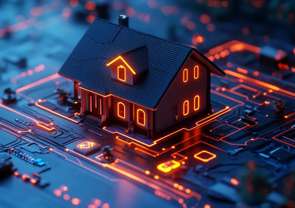 The image shows a miniature house sitting on a circuit board. The house is dark grey and the circuit board has bright orange lines running through it. The house is glowing orange, making it look like it is plugged into the circuit board.  The background is blurred and has a blue hue. The image suggests that the home is connected to the internet and is part of the Internet of Things.
