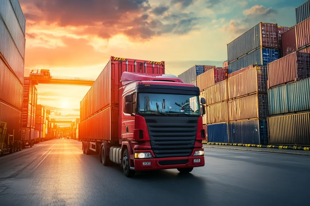 A red semi-trailer truck drives down a road lined with stacked shipping containers. The setting sun casts a warm glow on the scene, highlighting the truck and containers. The truck is hauling multiple cargo containers and appears to be leaving a port or logistics hub. The image captures the essence of international trade and transportation.