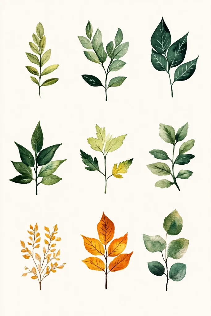 The image shows nine watercolor illustrations of various leaves and branches. Some are green and others are yellow and orange. The leaves are arranged in three rows of three. The white background highlights the intricate detail of each leaf. The leaves appear delicate and realistic.