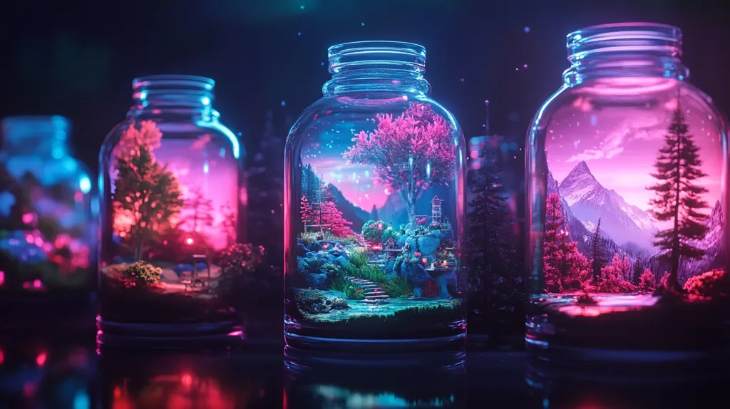 Three glass jars are illuminated with vibrant, neon-like colors. Each jar contains a miniature landscape,  with a different scene:  a forest with a tree, a mountain range with a sunset, and a small village with a pink tree. The jars are lit from behind, creating a dreamy, surreal atmosphere.  The image uses a combination of warm and cool colors, casting a magical glow over the miniature worlds within the jars.