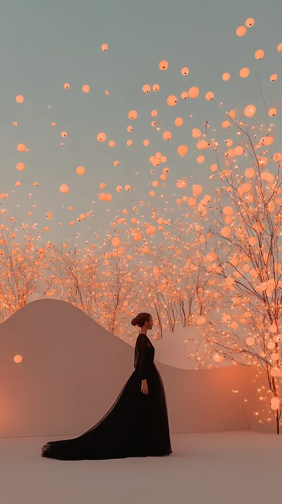 A woman in a long black gown stands in front of a white wall, her back to the viewer. She looks out at a field of trees adorned with hundreds of glowing, orange orbs that are also floating in the sky above. The sky is a pale blue, and the overall image has a dreamy, ethereal quality.  The scene evokes a sense of wonder and magic.