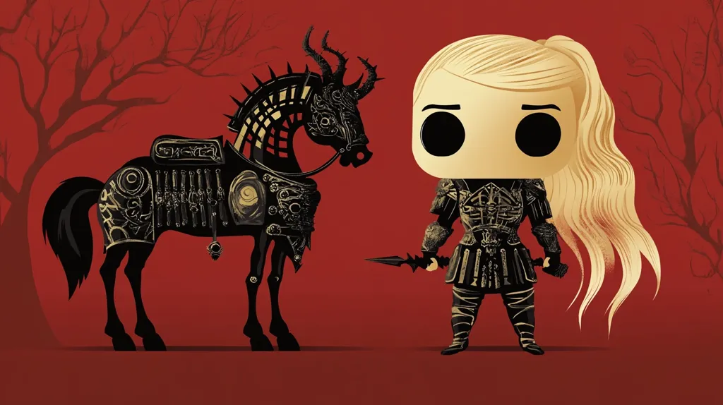 A Pop Funko figure of a female warrior in black armor stands holding a spear, facing a stylized black warhorse with gold accents. The horse is adorned with intricate armor and has a horned headpiece. The backdrop is a vibrant red with two bare trees on either side. The style is reminiscent of fantasy artwork.  The warrior and the horse stand out against the red background, creating a strong visual contrast.