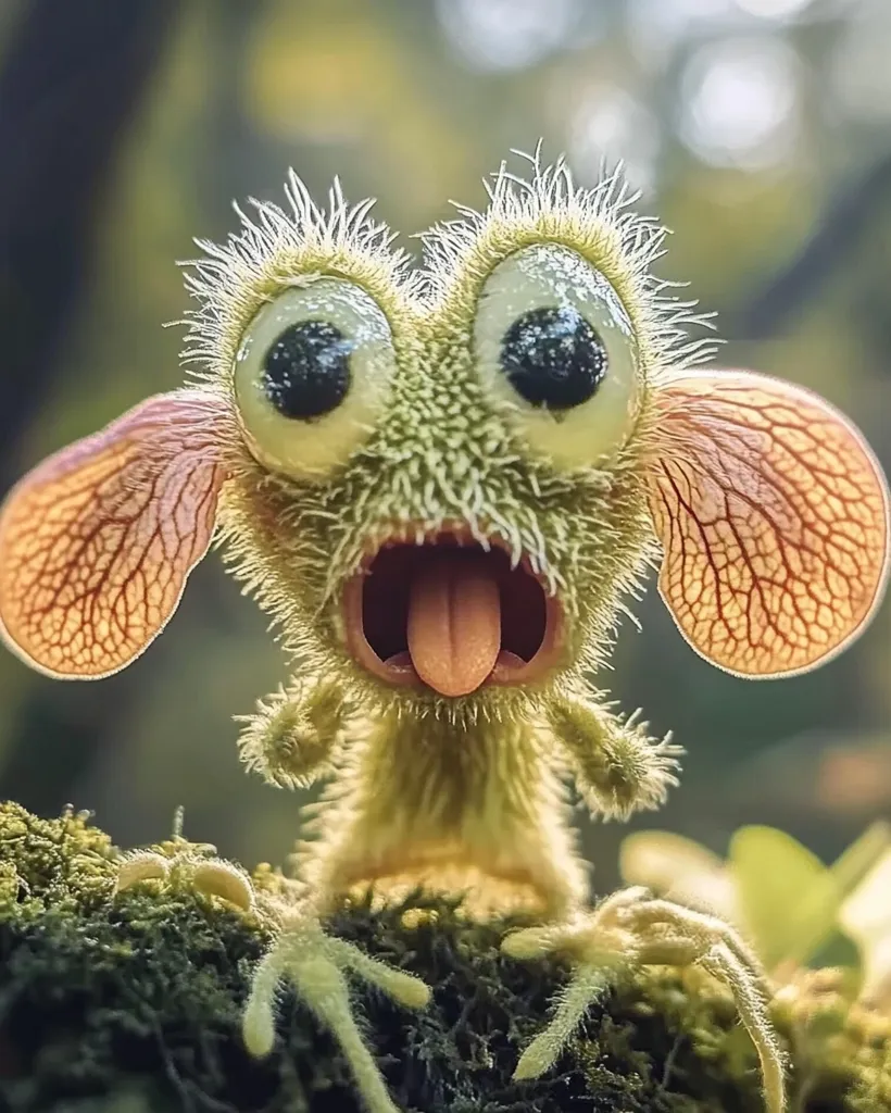 A fuzzy, green creature with large, round eyes and a wide-open mouth, revealing a long, pink tongue. It has two large, delicate, pink ears and sits on a patch of moss, looking surprised or excited. Its furry texture and cartoonish features create a whimsical and playful image.  The creature's wide-eyed expression and open mouth suggest a sense of wonder or excitement.