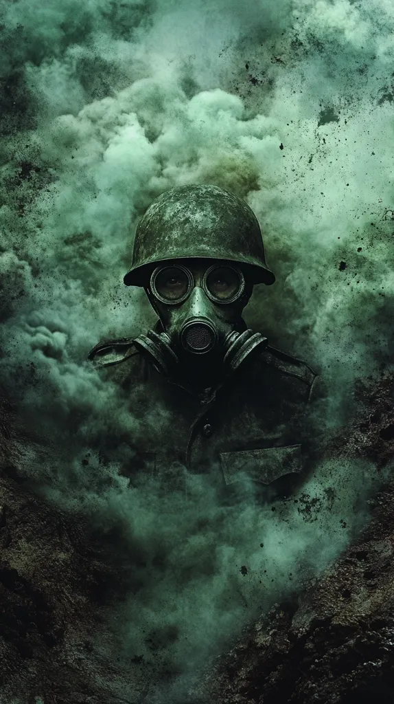 A soldier wearing a gas mask and helmet is standing in a thick cloud of green smoke. The background is a dark and gritty landscape with splashes of green. The soldier's expression is hidden behind the mask, creating a sense of mystery and danger. The image suggests a wartime scenario, with the smoke and the gas mask hinting at a hazardous environment.