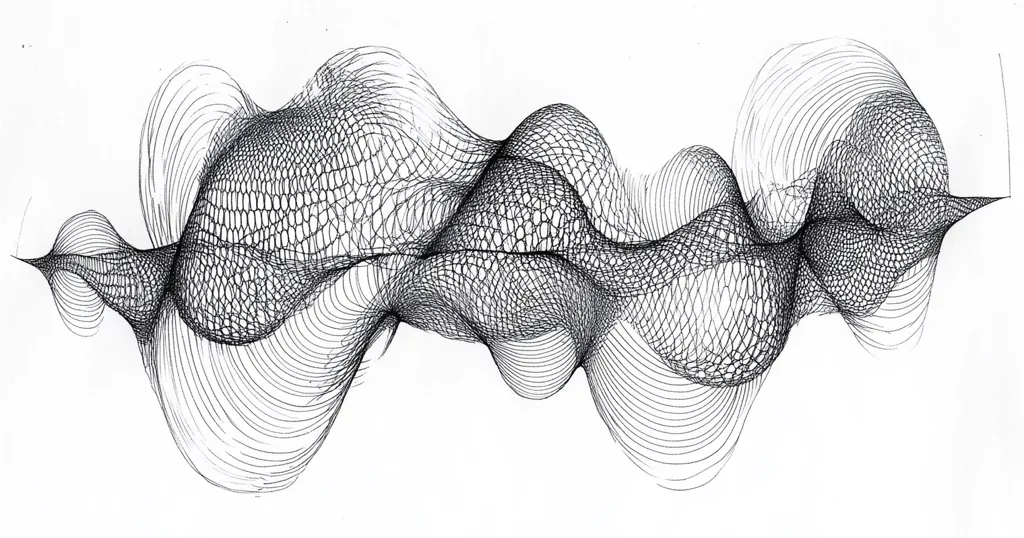 The image is a black and white abstract drawing of a series of flowing, undulating lines that create a complex and intricate pattern. The lines are drawn with a fine, consistent stroke, and they overlap and intersect to create a sense of depth and movement. The overall effect is one of fluidity and dynamism. The artwork is minimalist, featuring only black lines on a white background.  The form could be interpreted as a representation of sound waves, an organic structure, or a piece of modern art.  The composition is balanced and harmonious, with the lines flowing gracefully across the page.
