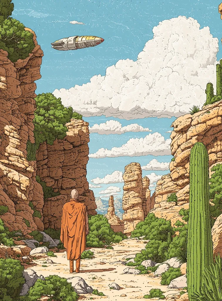 The image depicts a desert canyon scene with a lone figure in an orange robe walking away from the viewer. The figure is surrounded by tall, rocky cliffs and sparse vegetation, including cacti. The sky is a clear blue with fluffy white clouds. A small, white spaceship is flying overhead.  The scene has a sense of solitude and mystery.