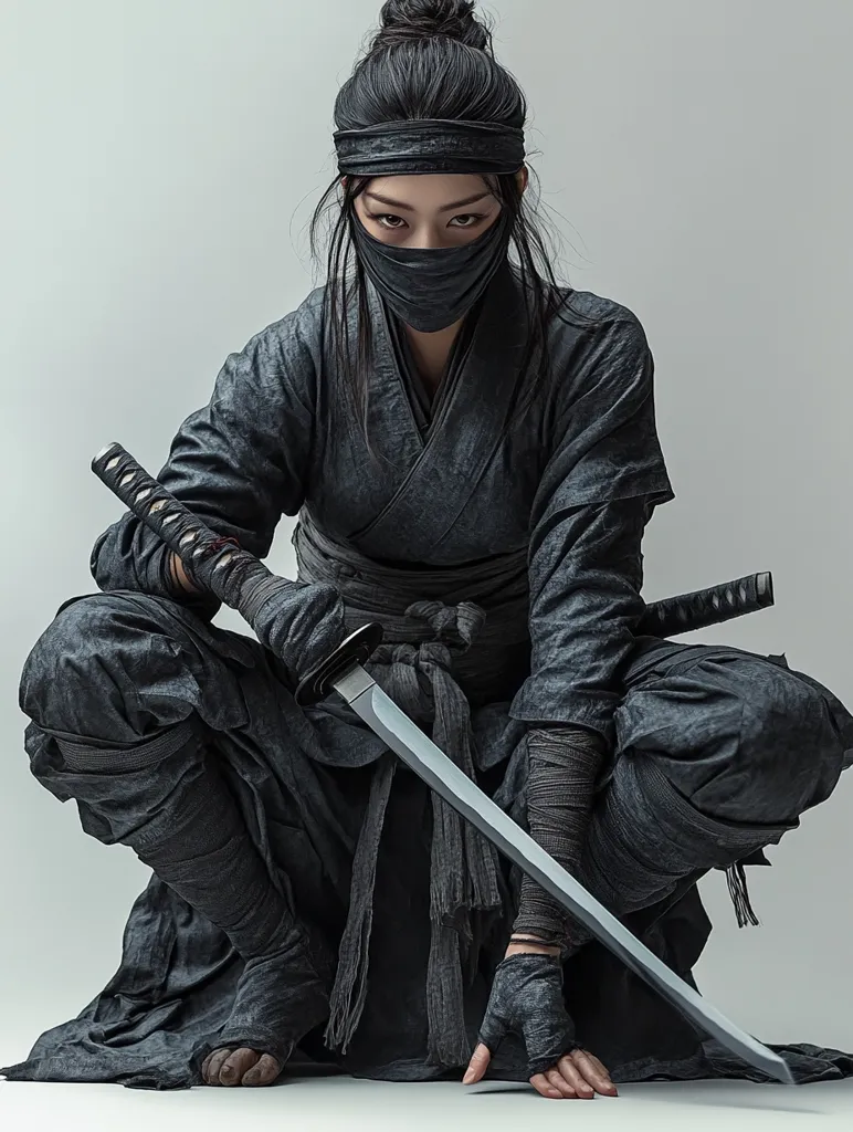 A female ninja, dressed in all black, crouches on a white background. She is wearing a mask that covers her mouth and nose, and she has a sword strapped to her back. Her eyes are intense and focused as she stares directly at the camera. She holds a katana in her hands, its blade pointed out in front of her. She is ready for action.  The overall tone of the image is one of power and mystery.