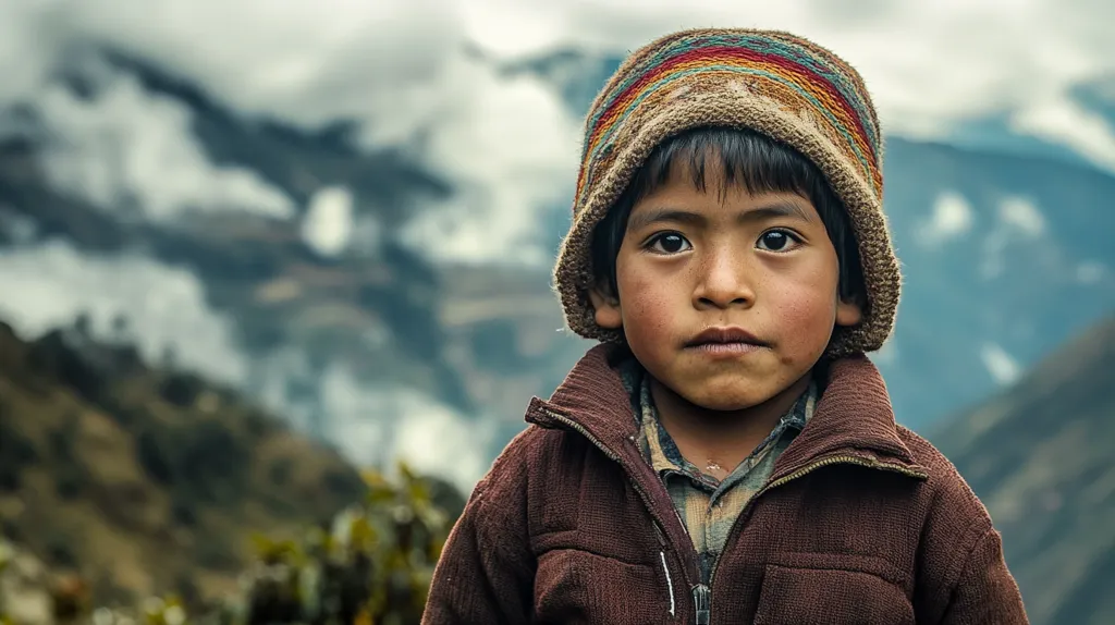The image features a young boy wearing a brown knitted hat with colorful stripes. His face is serious, with dark eyes and a slight frown. He is wearing a brown jacket over a patterned shirt. The background is out of focus and features a mountainous landscape with white clouds in the distance. The image captures a moment of contemplation and possibly some hardship.