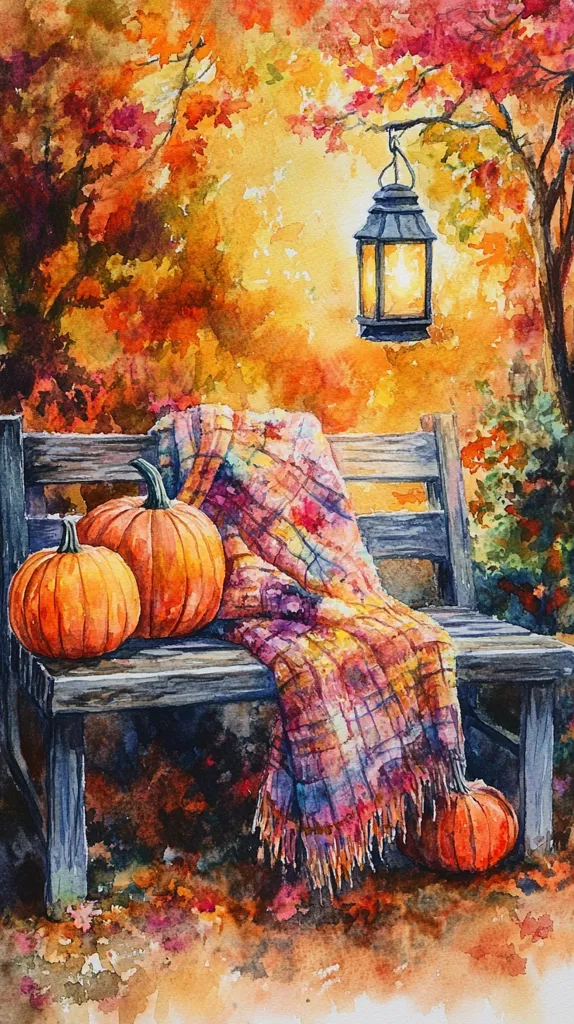 A watercolor painting depicts a cozy autumn scene. A wooden bench sits beneath a tree with vibrant red and orange leaves.  A plaid blanket drapes over the bench, alongside two pumpkins. A lantern hangs from a branch above, casting a warm glow. The scene evokes feelings of tranquility and the beauty of the changing seasons.