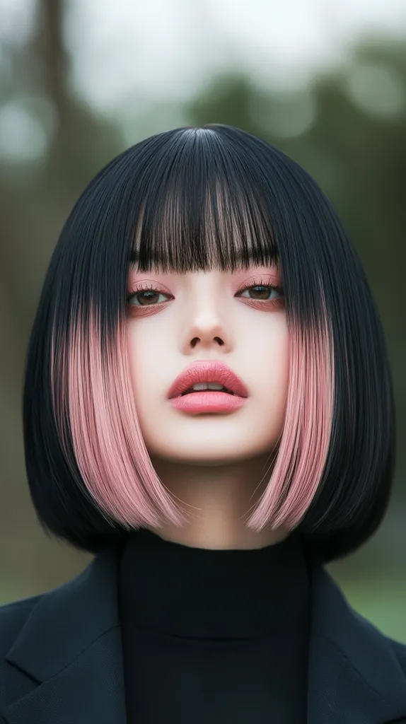 A young woman with a dark bob haircut, featuring a pink ombre at the ends, stares intently at the camera. She is dressed in a black turtleneck sweater and jacket, her lips are painted a soft pink, and her eyes are highlighted with subtle makeup. Her expression is serious, hinting at a sense of mystery or contemplation.  The blurred background suggests an outdoor setting.