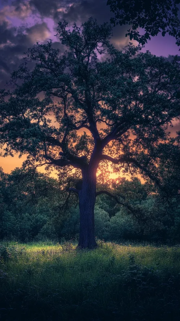A large, silhouetted tree stands tall against a backdrop of vibrant purple and orange twilight.  Its branches reach towards the sky, creating a dramatic contrast against the fading light. The tree is surrounded by a lush forest, with a carpet of green grass extending out from its base. The scene evokes a sense of peace and tranquility.