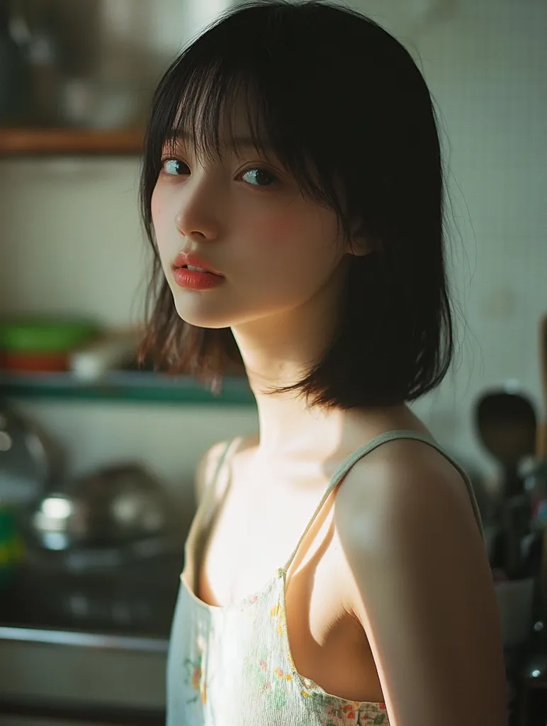 A young woman with short black hair and bangs looks over her shoulder at the camera. She is wearing a light-colored floral tank top and is standing in a kitchen, with a stove and kitchen cabinets visible in the background. The soft lighting creates a warm and intimate atmosphere.