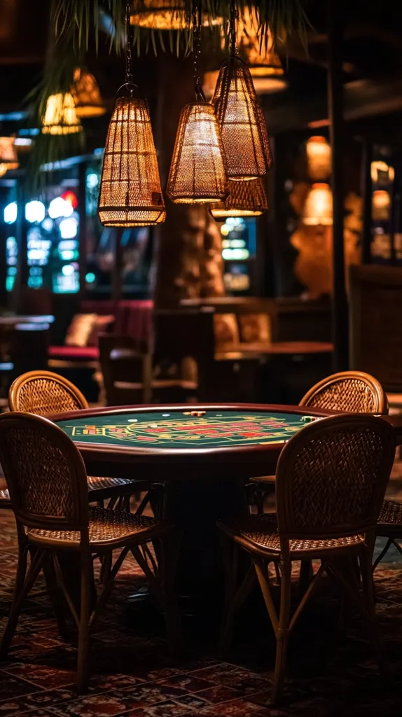 A dimly lit room with wicker chairs surrounding a round table with a green felt top. Four wicker pendant lights hang above the table, casting warm light. The room has a rustic and cozy atmosphere. The background is blurred, highlighting the table and chairs. The image conveys a sense of intimacy and comfortable gathering.