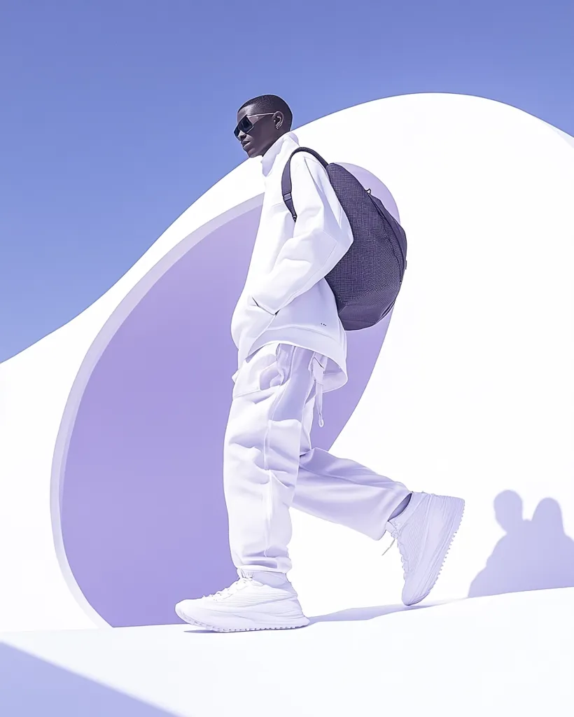 A man wearing white pants, a white jacket, and a black backpack walks towards the right. He is wearing sunglasses and white sneakers. He is walking in front of a white wall with a large purple circle cut out of it. The background is a bright blue sky.  The man is walking confidently and looking straight ahead. The image is simple and minimalist, with a focus on the man and his clothing.