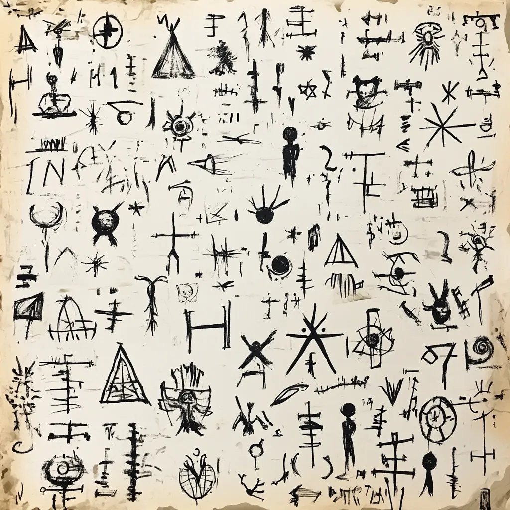 A white background with dozens of black, hand-drawn symbols and figures in a seemingly random order. Some symbols are geometric, others represent animals, and others are abstract. The figures seem to represent humans or animals. Many lines, stars, circles, crosses, and triangles are seen in the image. The background is worn and slightly textured.