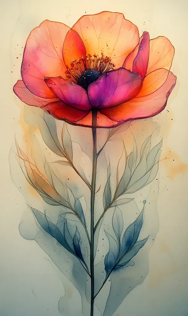 The image is a watercolor painting of a single poppy flower. The flower is a vibrant orange and pink with a dark purple center. The flower is depicted in a semi-realistic style with the petals painted with soft, blended colors. The leaves are translucent and appear to be painted with a light blue wash. The background is a soft beige color. The painting evokes a sense of delicate beauty and serenity.