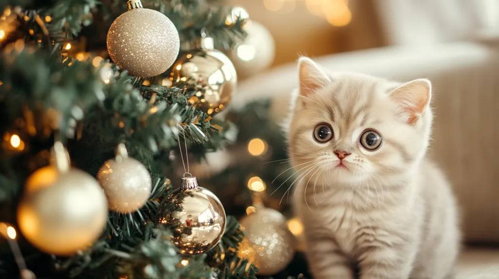 A fluffy, white kitten with large, curious eyes sits beside a decorated Christmas tree. The tree is adorned with gold and silver ornaments, and twinkling lights add a festive glow. The kitten's sweet expression suggests a playful curiosity about the holiday decorations. The warm, fuzzy atmosphere captures the joy and magic of the season.