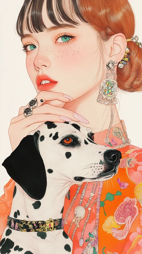 A young woman with long brown hair and green eyes is shown gently touching the head of a dalmatian. Her right ear is adorned with a large ornate earring and she has a ring on her left hand.  Her face is close to the dog's, and the background is a colorful floral pattern. The woman is wearing a bright orange, pink and yellow patterned blouse.  The image is created in a cartoon style with realistic shading.