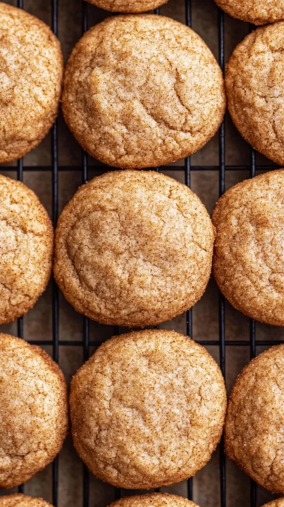 A close-up shot of eight golden brown cookies, arranged on a black wire rack,  each coated in a fine layer of sugar crystals. The cookies are slightly puffed in the center and have a soft, crumbly texture.  The warm color and sweet texture of the cookies create an inviting and delicious image.