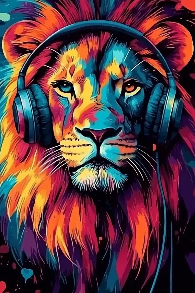 A majestic lion with a vibrant mane is depicted in a colorful, abstract style. The lion is wearing headphones, its face is full of intensity, and its eyes are piercing. The image is rendered in bold strokes of color, creating a striking and modern look. The background is dark, contrasting with the vibrant hues of the lion. The composition is focused on the lion's face, conveying power and a sense of listening intently.  The image is a modern take on the traditional lion portrait.