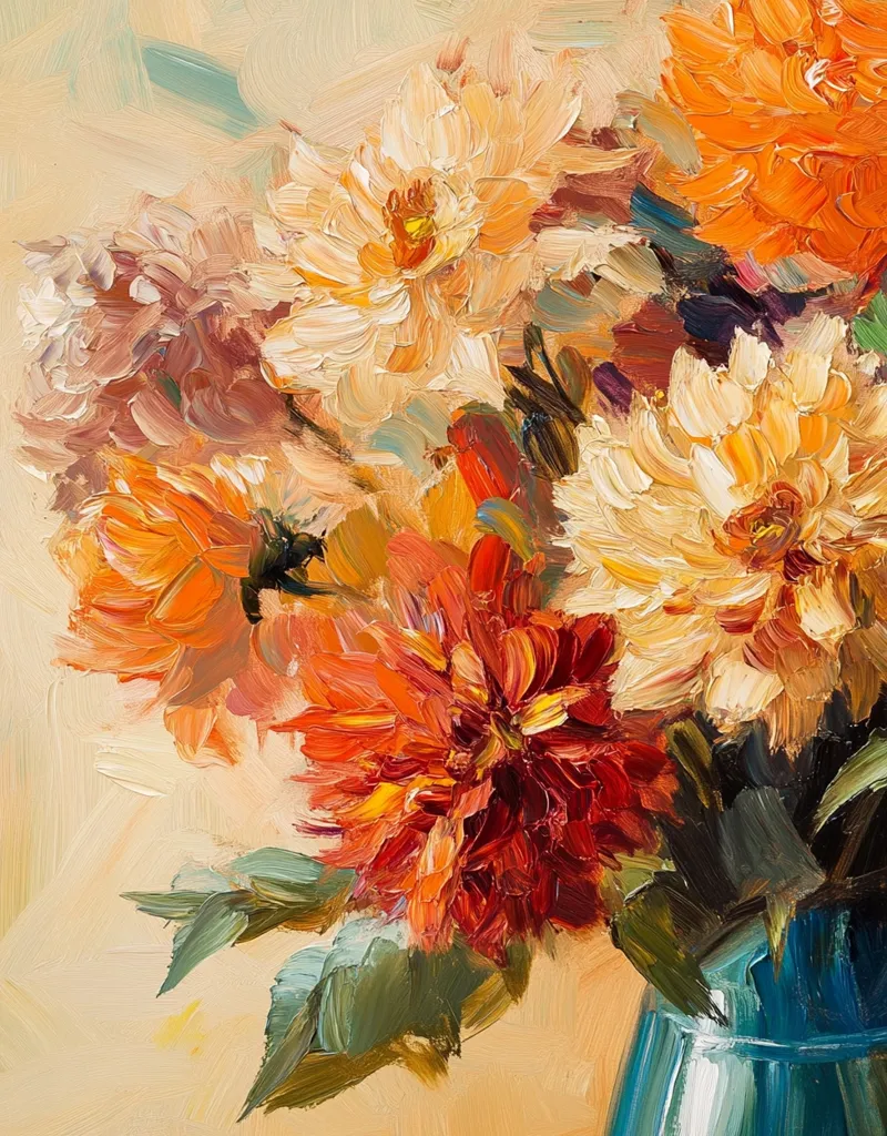 The oil painting depicts a bouquet of dahlias in a blue vase. The flowers are a mix of soft pinks, oranges, and deep reds. They are arranged in a loose, flowing manner, with the heads of the flowers tilted at different angles. The painting is done in a loose, impressionistic style, with thick brushstrokes that give the flowers a textured, almost three-dimensional appearance. The background is a soft, cream color, which creates a sense of depth and makes the flowers stand out.  The painting conveys a sense of beauty and vibrancy.