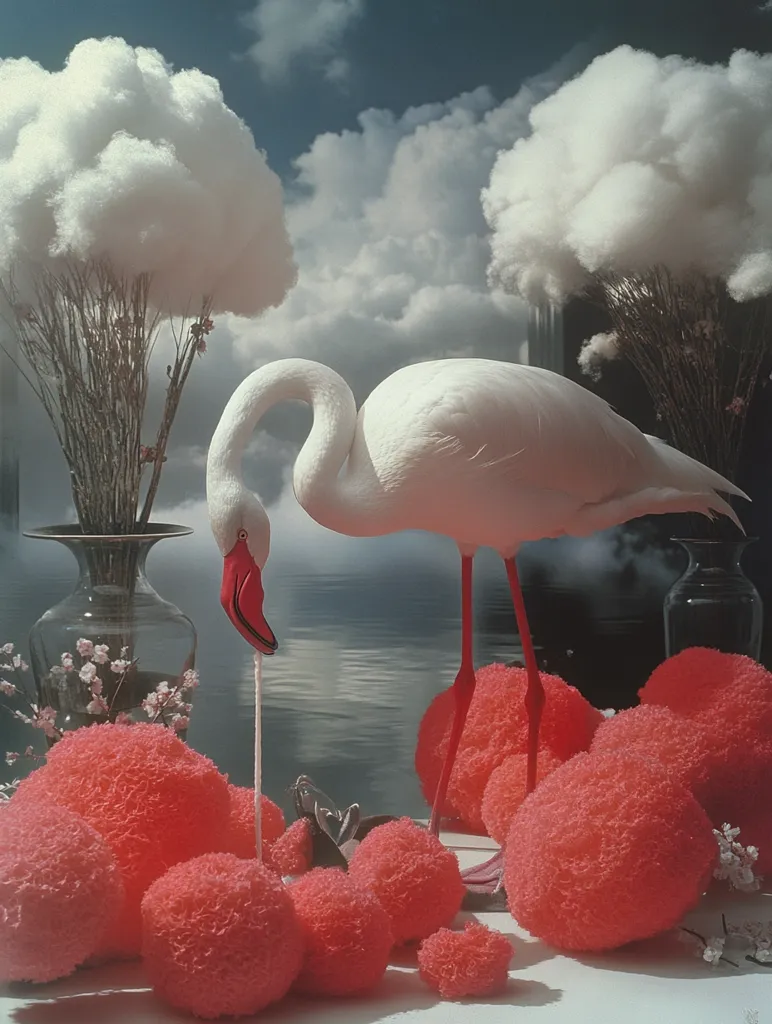 A white flamingo with a red beak stands on a bed of soft, fluffy pink balls. The bird is looking down at a small, metallic object on the ground. The background features two fluffy white clouds, which resemble stylized trees, and a blurry blue sky. The scene is whimsical and surreal, creating a dreamlike atmosphere.