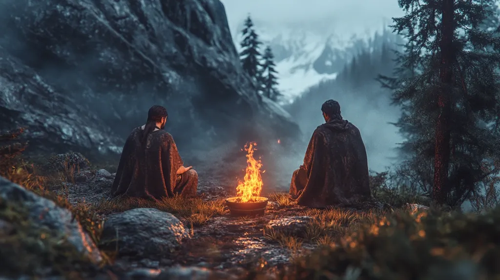 Two figures, cloaked in dark garments, sit facing each other around a crackling campfire. The fire casts a warm glow against the backdrop of a misty, mountainous landscape. The scene is tranquil and contemplative, suggesting a moment of shared solitude. The air is thick with anticipation, and the figures seem to be engaged in a silent conversation, their words lost in the hush of the surrounding wilderness.