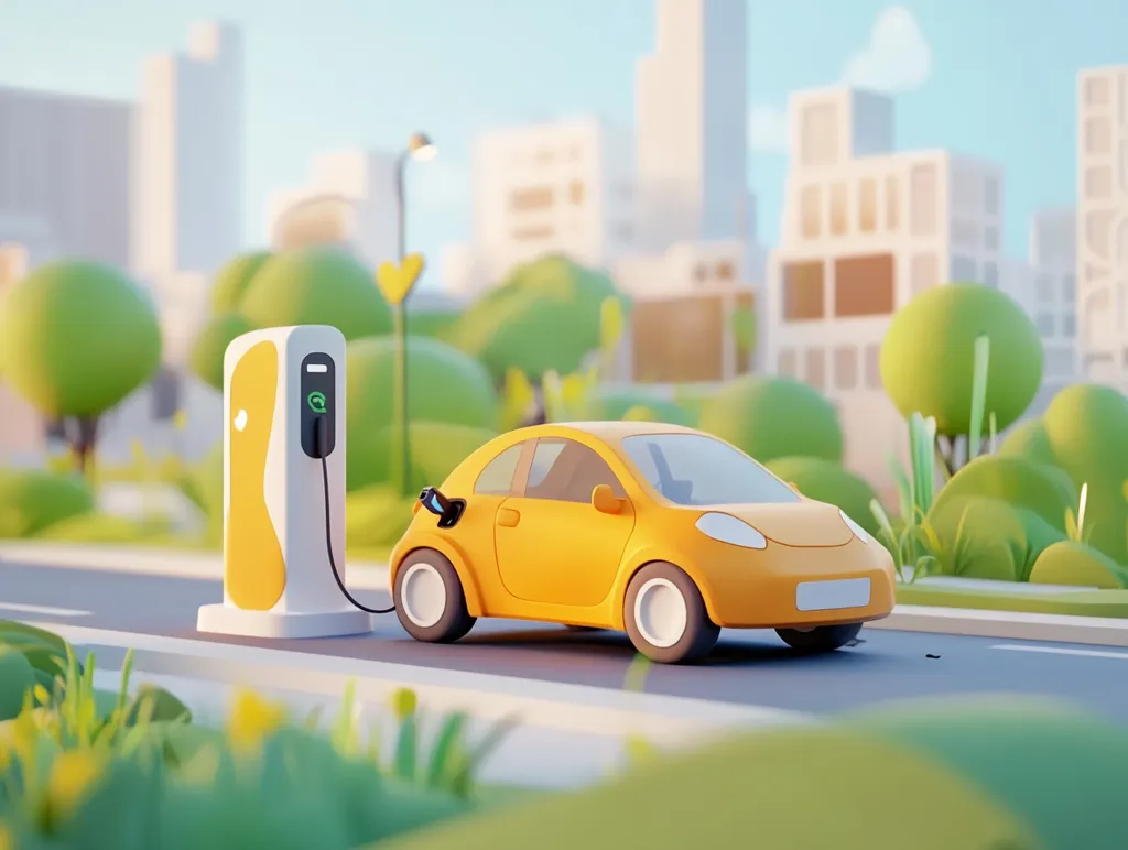 A cartoon-style yellow electric car is parked in front of a charging station on a city street. Green bushes and trees line the sidewalk, and tall buildings are visible in the background. The image is bright and sunny, with a cartoonish aesthetic. The charging cable is connected to the car, and a green "G" logo is visible on the charging station. The scene is a representation of a modern, environmentally-friendly city.