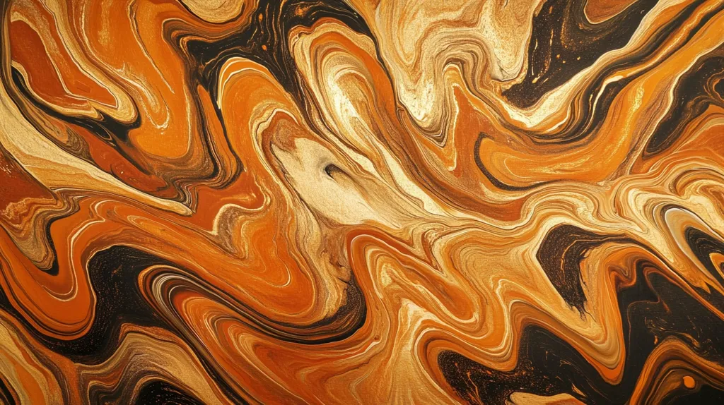 The image is an abstract painting with swirling, fluid patterns in shades of brown, gold, and black. The colors blend and overlap, creating a mesmerizing visual effect that resembles flowing liquid. The painting has a warm and earthy feel, and the abstract nature of the artwork invites interpretation and imagination.