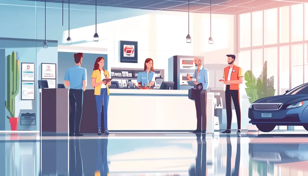 The image shows a car dealership with a reception area.  There are four people in the scene, three employees, and a customer.  The customer is speaking to an employee at the reception desk, while two other employees are talking with each other behind the customer.  The dealership is clean and modern, with large windows and a sleek, white reception desk.  A shiny new car is parked in the showroom.  The overall vibe is professional and welcoming.