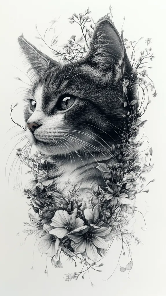The image is a detailed pencil drawing of a cat's head surrounded by delicate, intricate flowers and foliage. The cat's fur is rendered with realistic texture, and its piercing eyes gaze intensely out at the viewer. The flowers are equally realistic, with each petal and stem carefully defined. The overall effect is one of beauty and tranquility. The absence of color creates a sense of mystery and depth, while the intricate detail draws the viewer's eye into the composition.