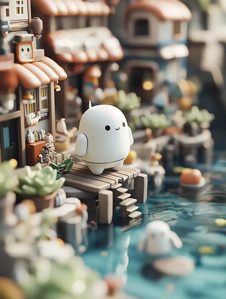 The image depicts a miniature, whimsical town with a tiny white figurine with a smiling face. It stands on a wooden dock above a turquoise river, surrounded by buildings and other objects. The scene evokes a sense of charm and tranquility, with soft lighting and a focus on detail. The miniature world is cleverly crafted, showcasing the artist's creativity. The composition creates a captivating and imaginative scene.