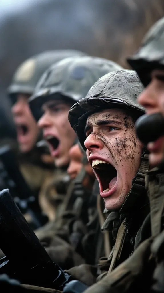 A group of soldiers in helmets, their faces covered in dirt, are seen yelling in unison. The focus is on the soldier in the foreground, whose mouth is open wide and whose eyes are squinted in intensity. The image conveys a sense of urgency and chaos, likely during a military operation or training exercise. The muted background emphasizes the raw emotion and action of the soldiers.