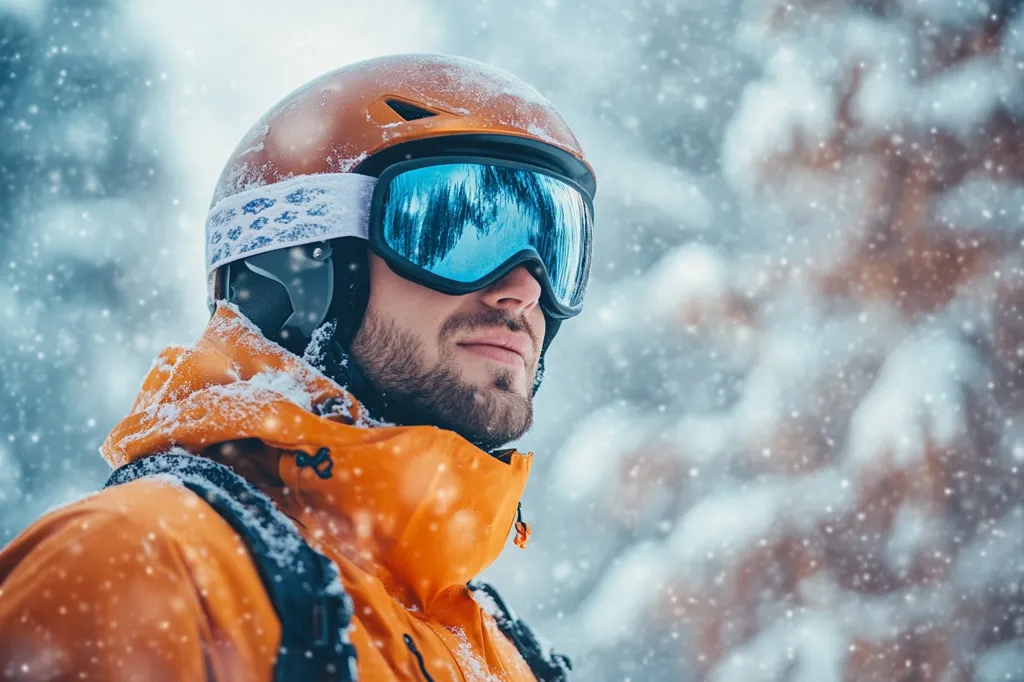 A man in a bright orange ski jacket and helmet with blue goggles stands in a snowy forest. Snowflakes fall around him, blurring the background. He looks off to the side, perhaps gazing at the snowy landscape. He appears to be enjoying the winter weather and the beauty of the snow-covered forest.