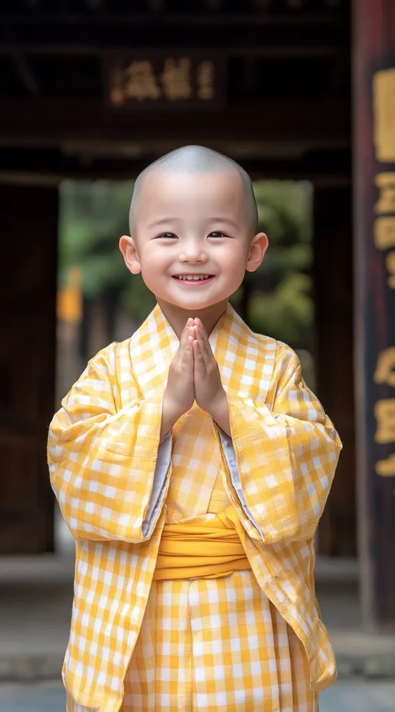 A young boy with a shaved head is wearing a yellow and white checkered kimono. He is standing in front of a wooden door with Chinese characters on it. He is smiling and has his hands together in a gesture of prayer. The boy appears to be in a traditional setting.