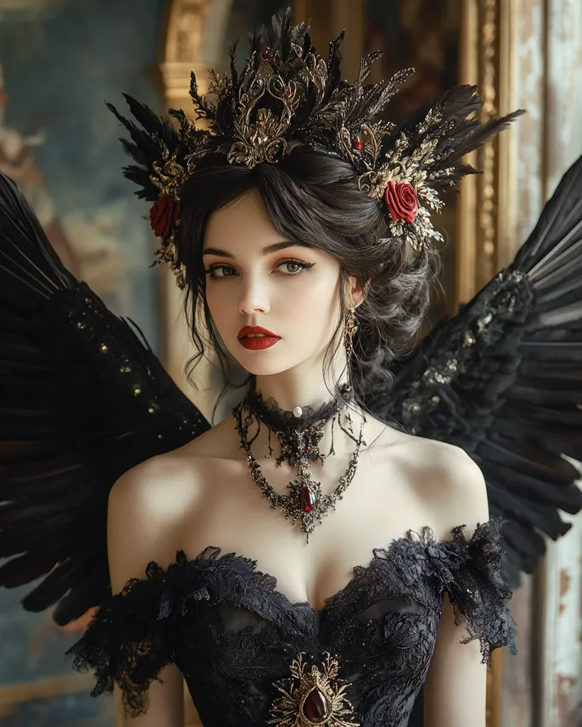 A woman with dark hair and striking red lips wears a lavish black gown adorned with lace and an elaborate crown. Her attire is complete with delicate jewelry and black feathered wings, lending an ethereal and mysterious aura to her appearance. The ornate setting adds to the captivating ambiance of the image, hinting at a story of romance and enchantment.