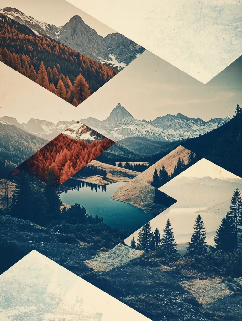 The image is a geometric collage of mountain scenery.  The top left corner shows a mountain range with fall foliage, with a snow-capped peak in the distance.  The top right corner shows a hazy mountain range.  The bottom left corner is dominated by a blue lake with trees and mountains surrounding it.  The bottom right corner shows a forested mountain range with a lake in the distance.  The image is arranged with geometric shapes, creating an abstract and artistic view of the mountains.