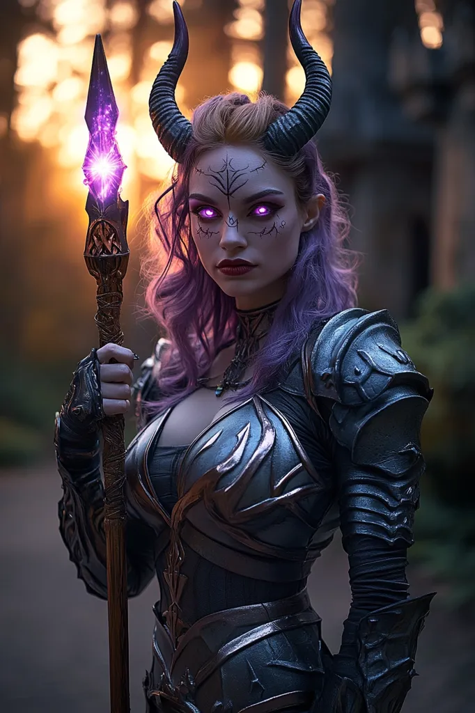 A woman with horns, purple hair and glowing purple eyes stares intensely at the camera. She is dressed in dark, detailed armor and is holding a staff that emits a bright purple glow. The setting is a dark forest with a warm, orange glow in the background.  The overall feel of the image is dark and mysterious.