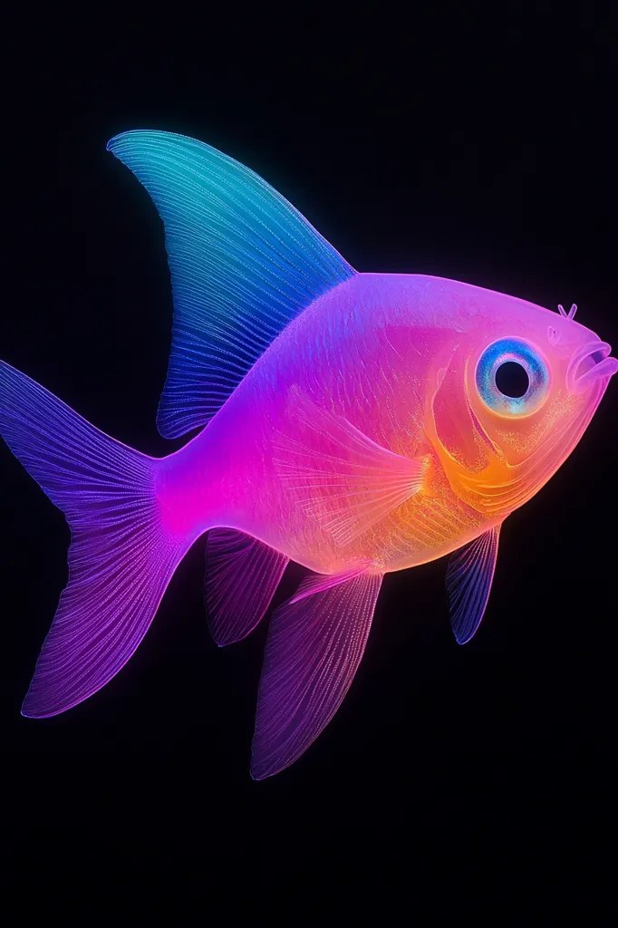The image shows a vibrant fish with iridescent scales. Its body is a gradient of pink and orange, while its fins are a deep blue and purple. The fish has a large, round eye and a slightly open mouth. The black background makes the fish's colors even more striking. The image is likely a digital illustration or photograph.